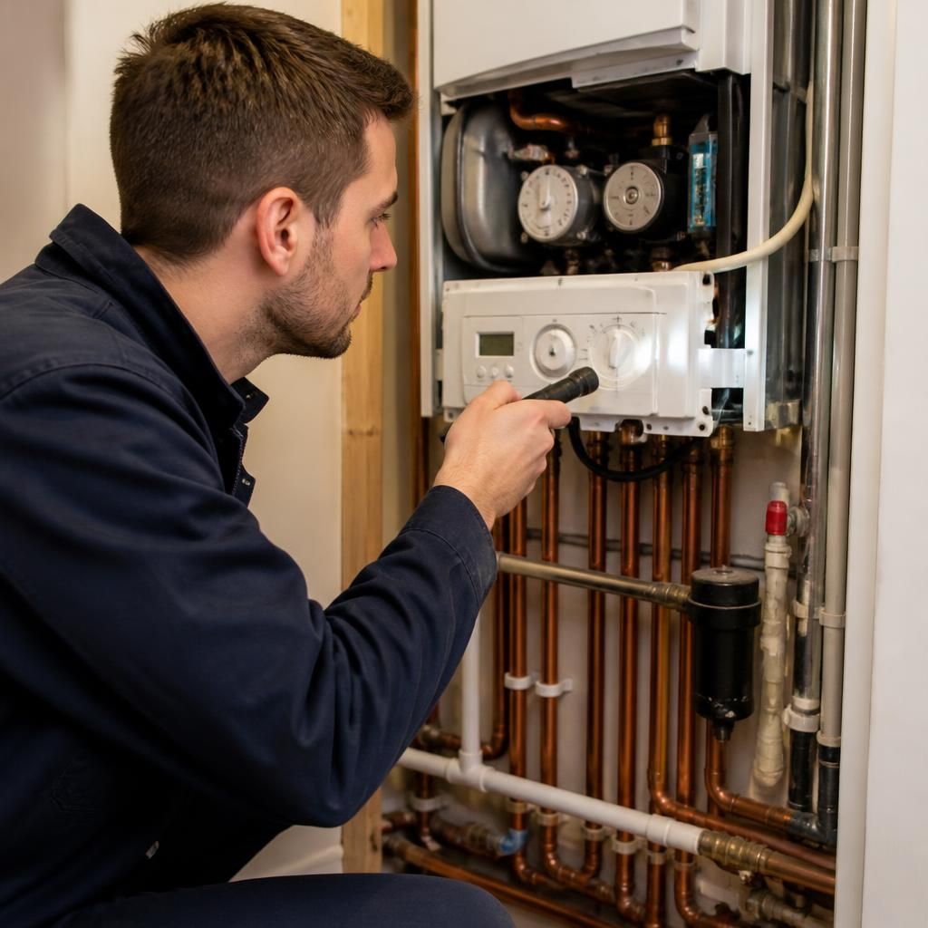 Heating engineer inspecting a central heating boiler and adjacent pipework