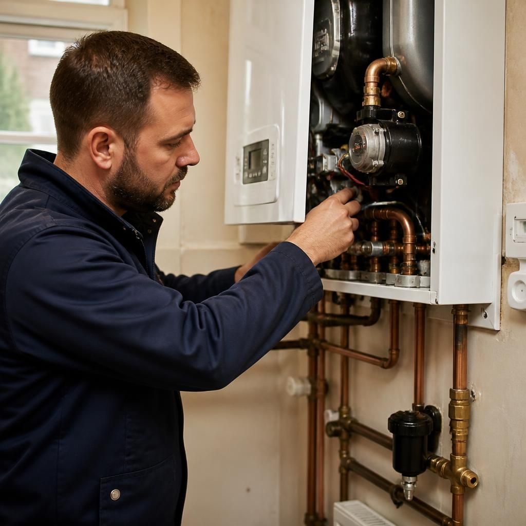 Plumber checking a central heating boiler and pipe connections during a repair assessment