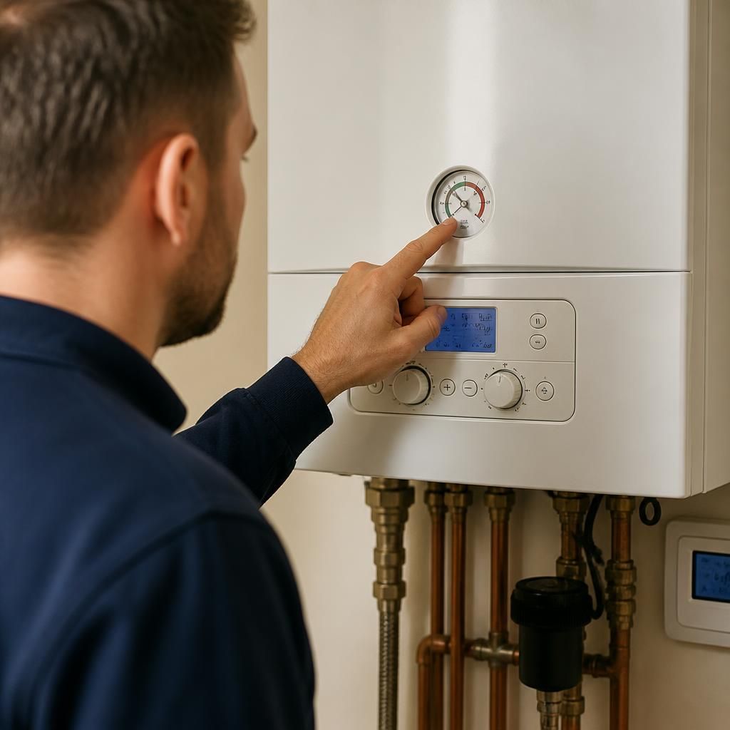 Homeowner checking a boiler pressure gauge and heating controls