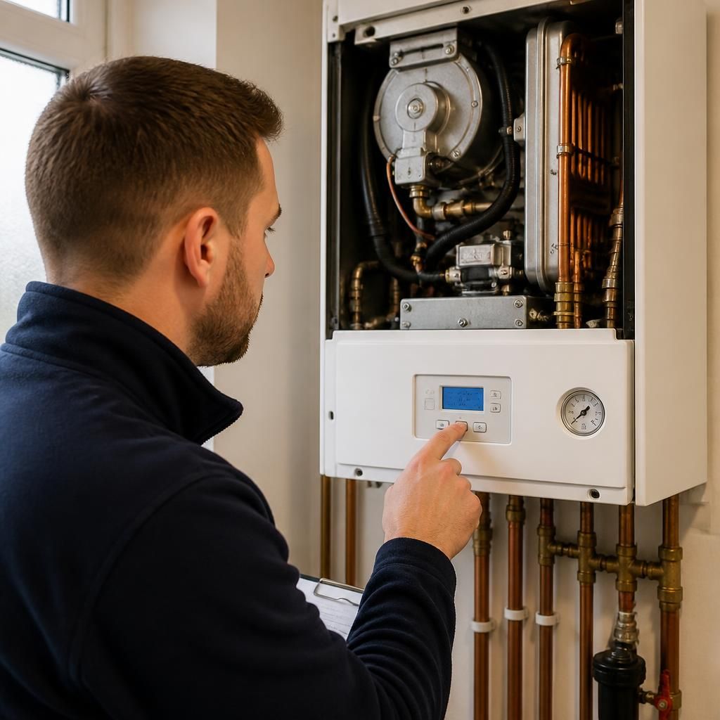 Heating engineer checking a central heating boiler and control panel