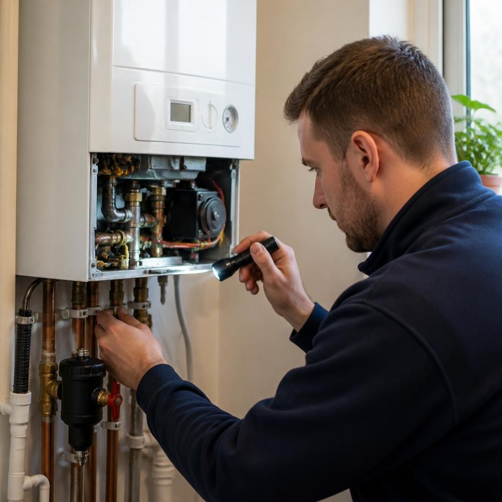 Engineer inspecting a domestic boiler and central heating pipework