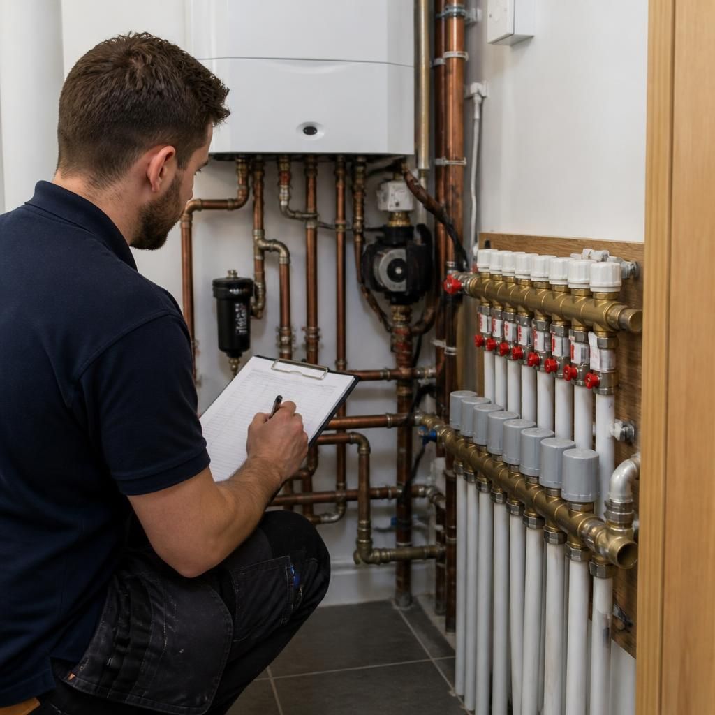 Heating engineer inspecting a central heating system before power flushing