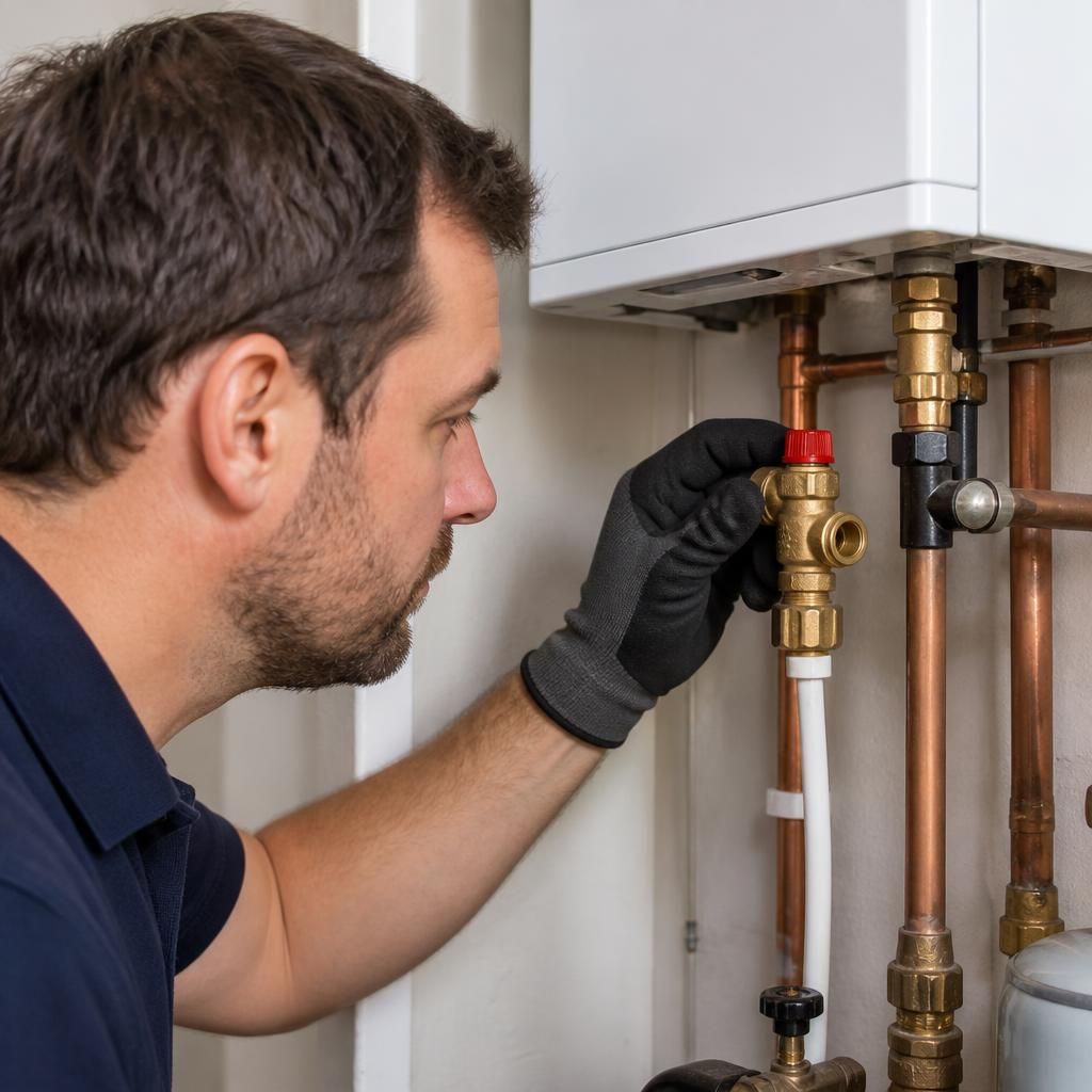 Heating engineer inspecting a central heating pressure relief valve beside a boiler