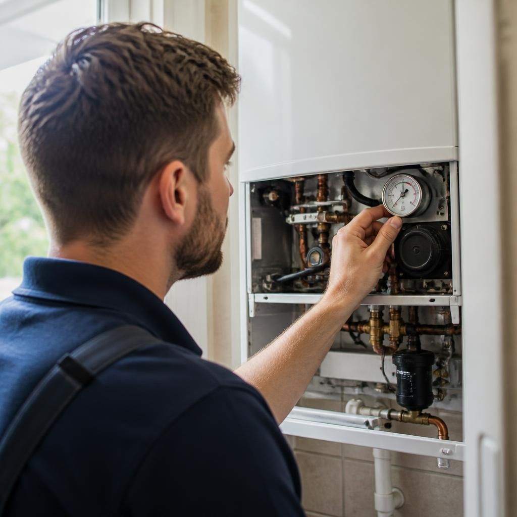 Plumber inspecting a central heating boiler and checking its pressure gauge