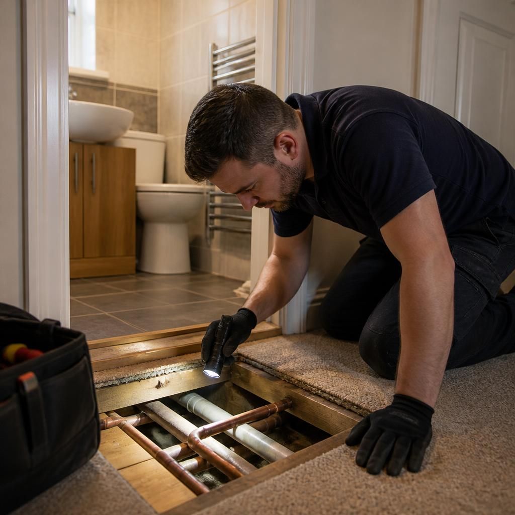 Plumber inspecting pipework beneath a bathroom floor from an adjoining room