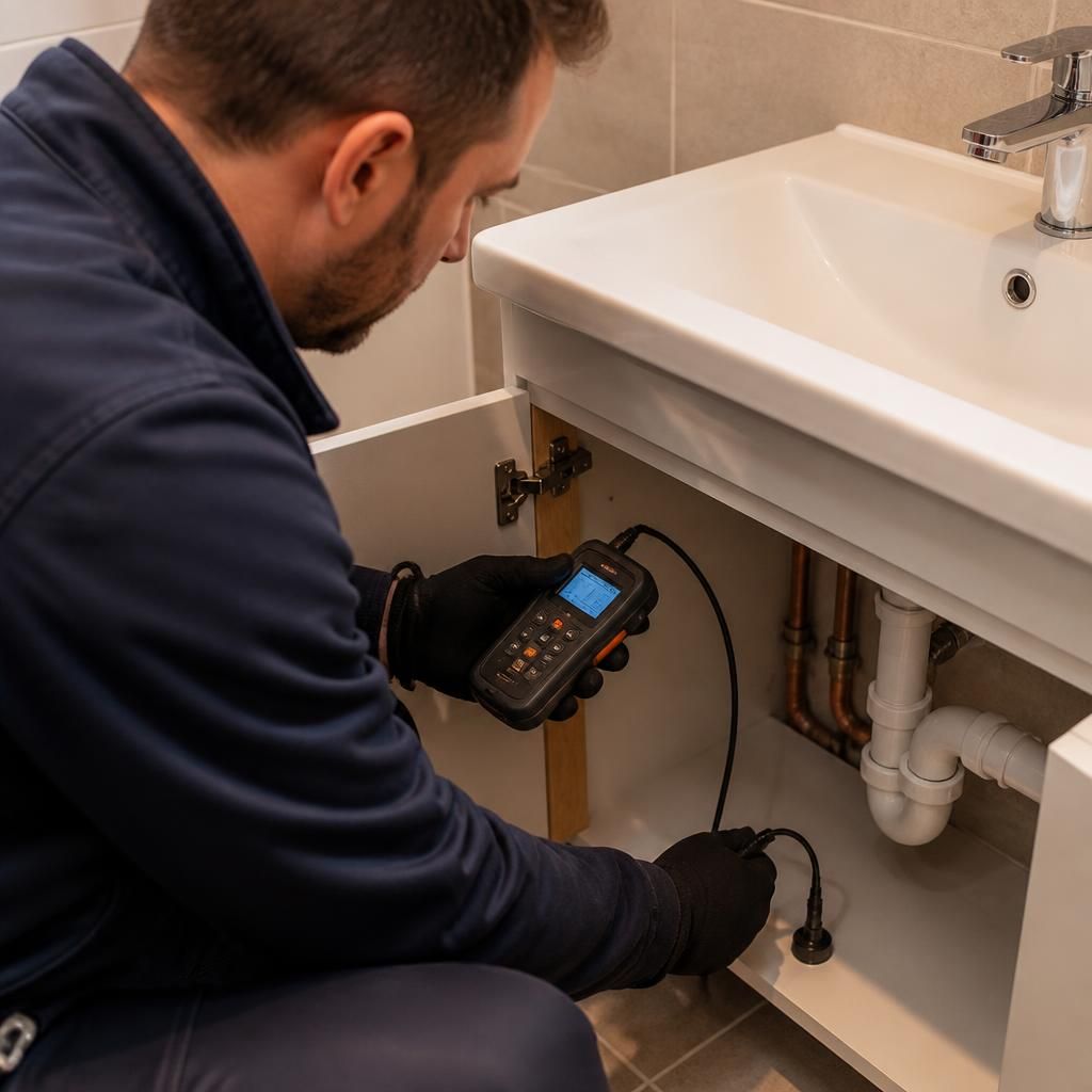 Plumber inspecting bathroom pipework with a moisture meter