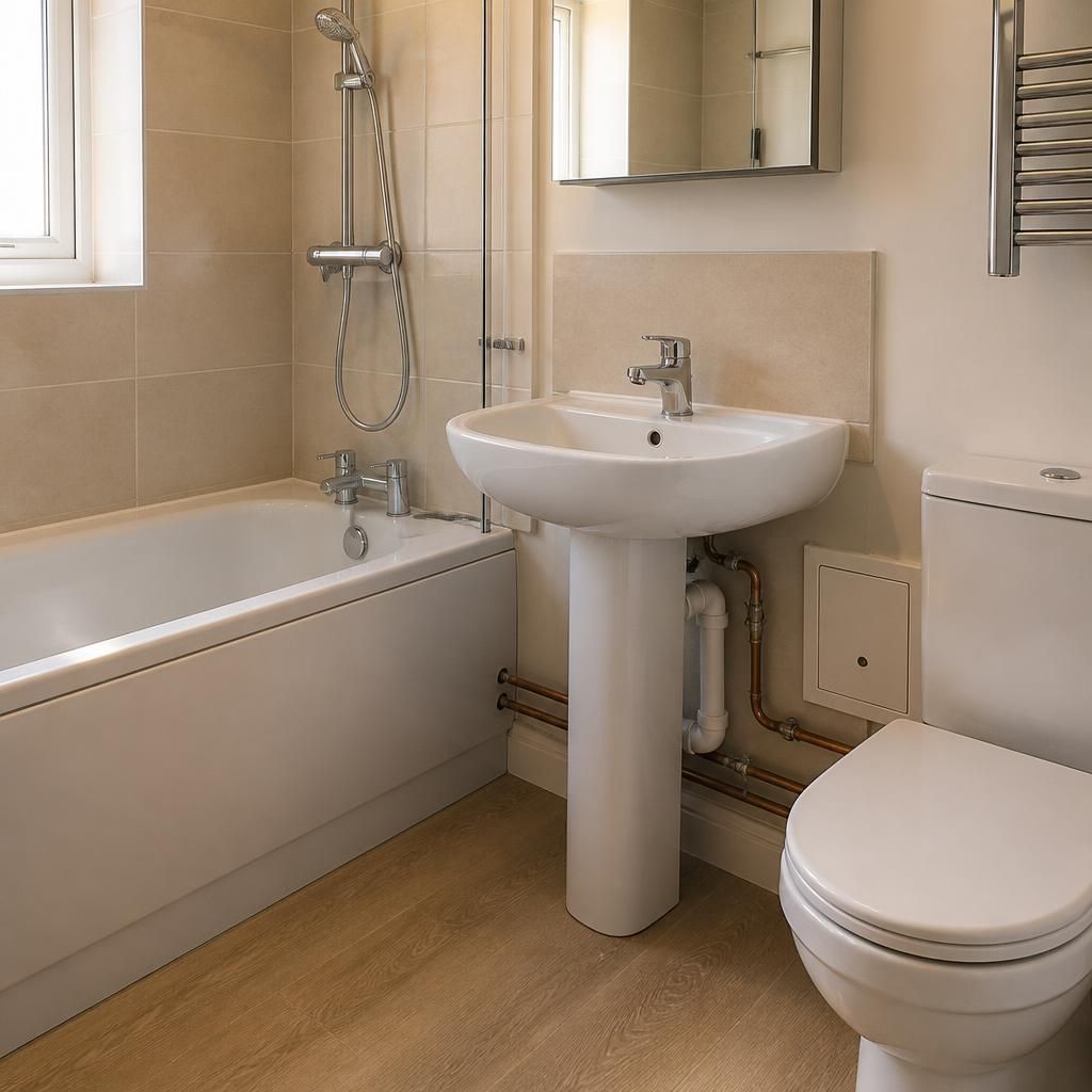 Bathroom with clear surfaces and visible pipework around the bath, basin and toilet
