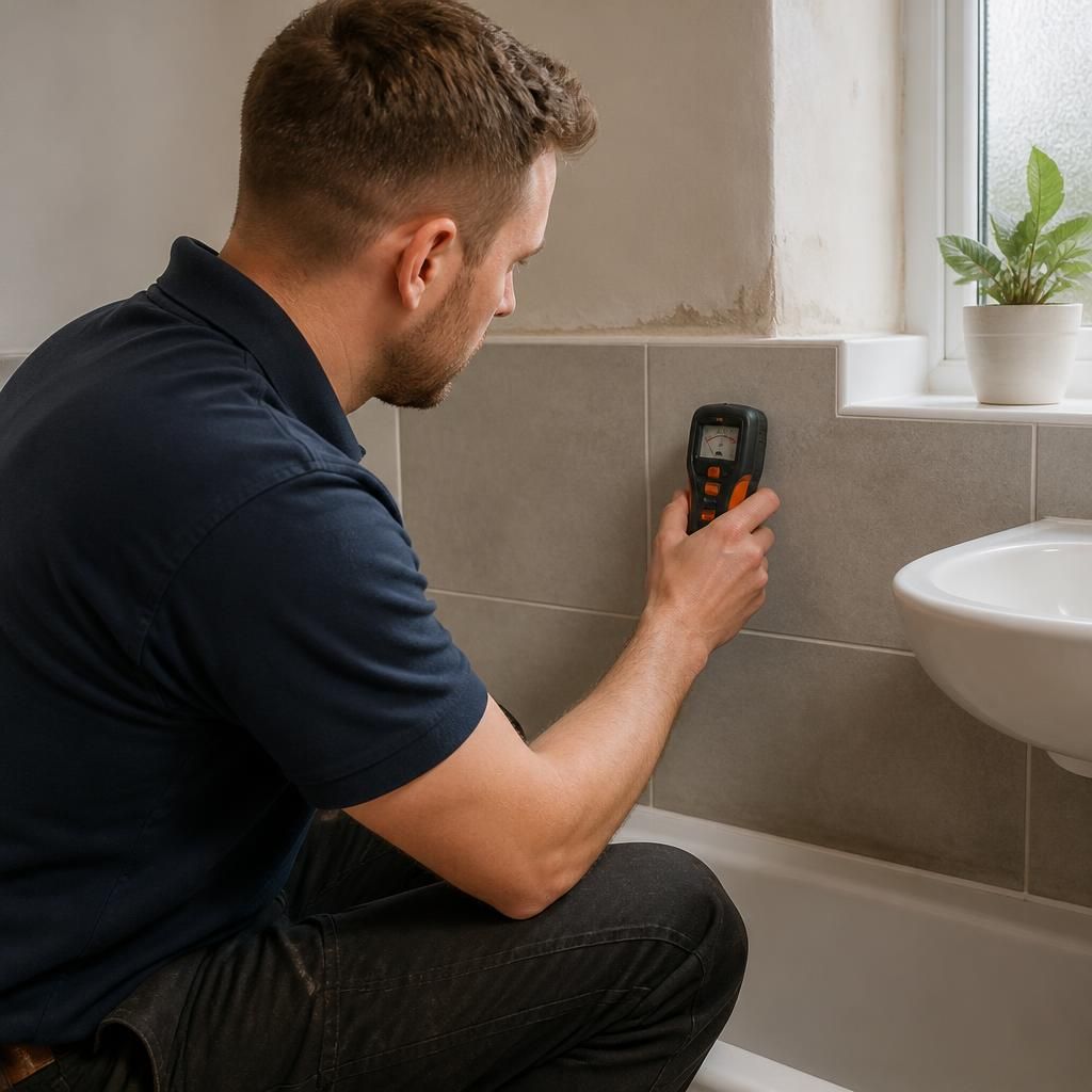 Plumber using a moisture meter beside a bathroom wall