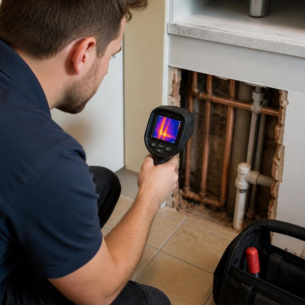 Plumber using a thermal imaging camera to inspect a suspected hidden pipe leak