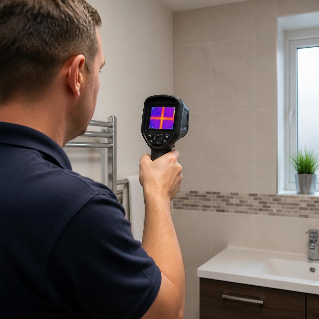 Plumber using a thermal camera to inspect a bathroom wall