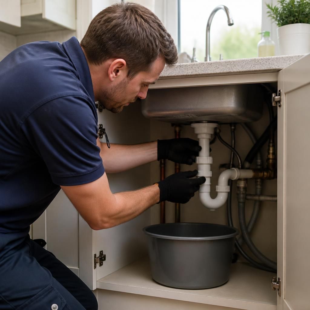 Plumber inspecting pipework beneath a kitchen sink with cupboard doors open