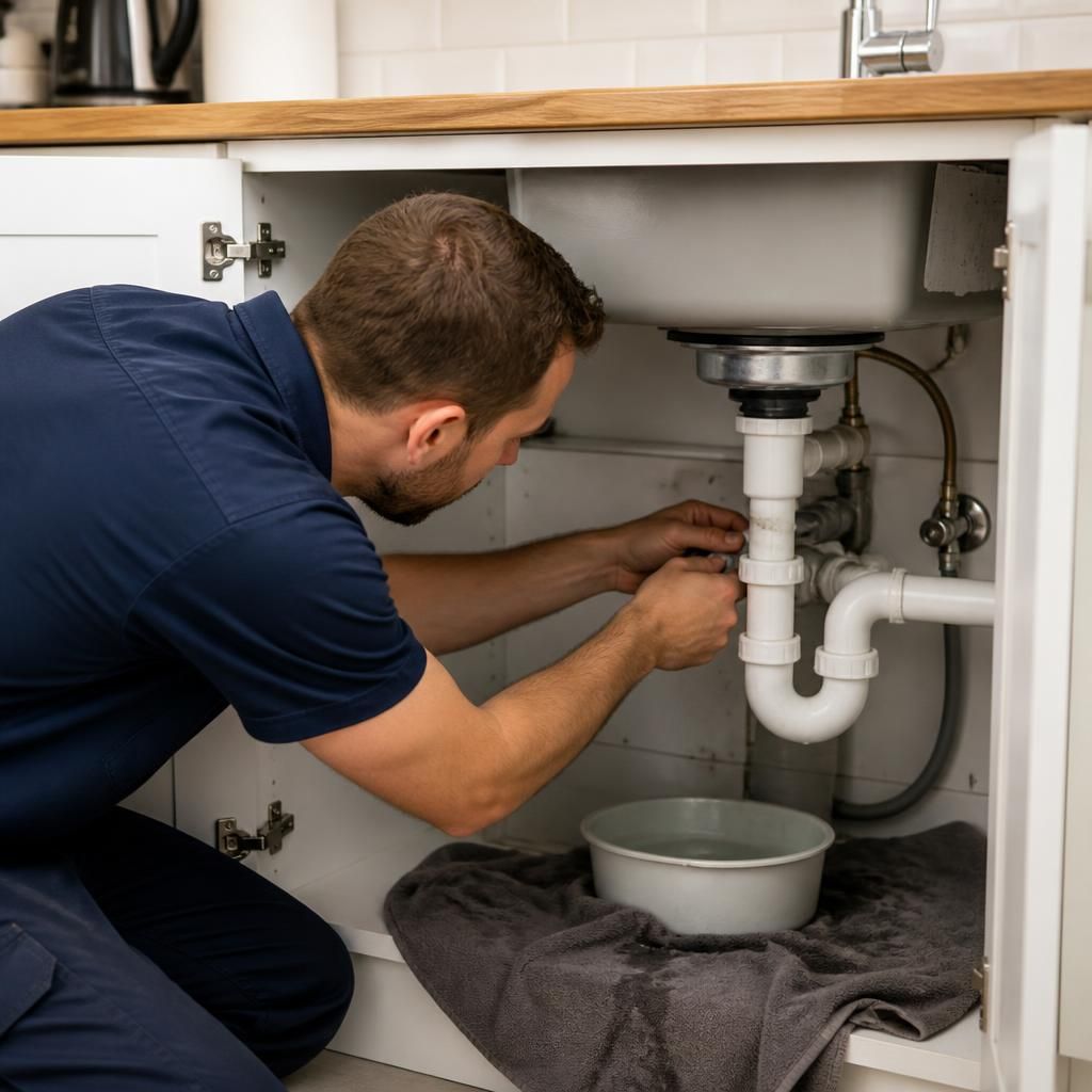 Plumber inspecting pipework and connections inside a kitchen sink cupboard