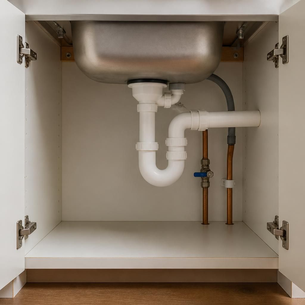 Open kitchen sink cabinet showing the waste trap, isolation valve and pipe connections