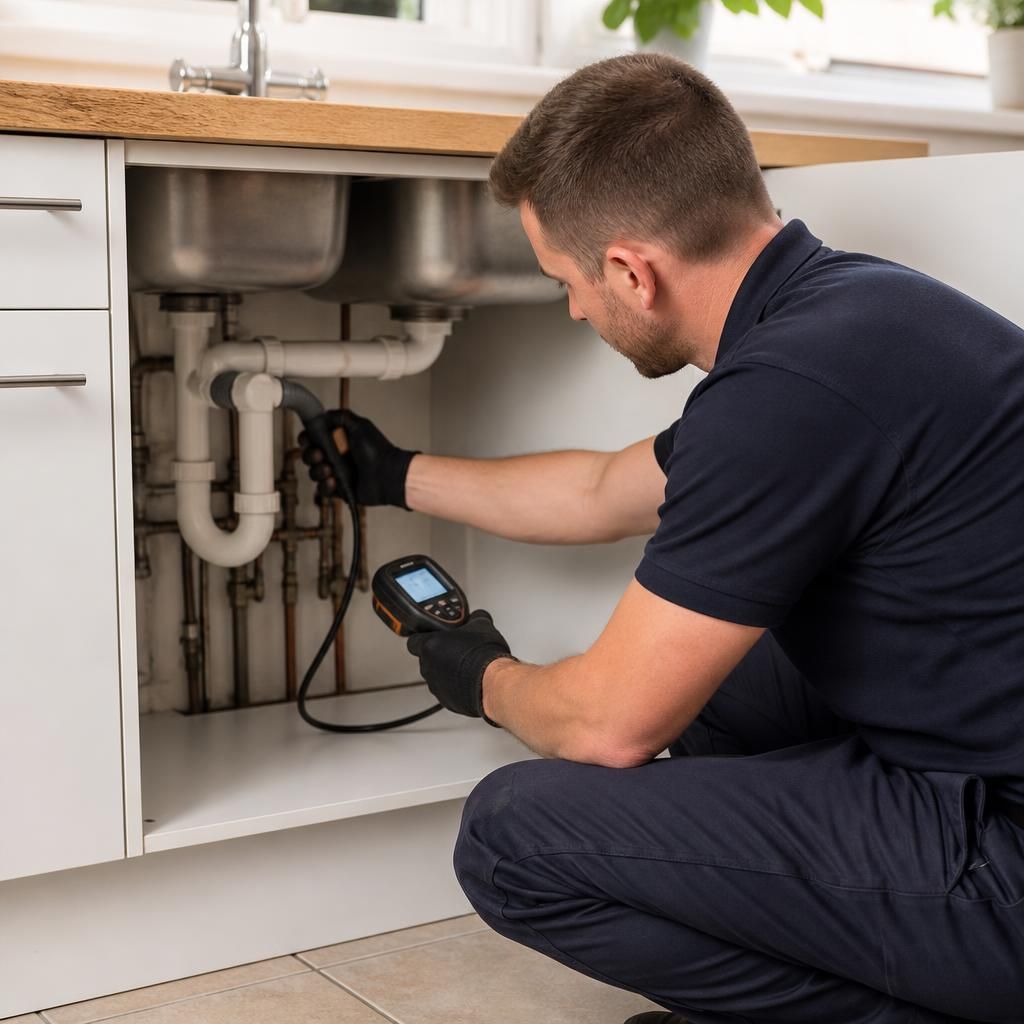 Plumber inspecting pipework beneath a kitchen sink in a rented property