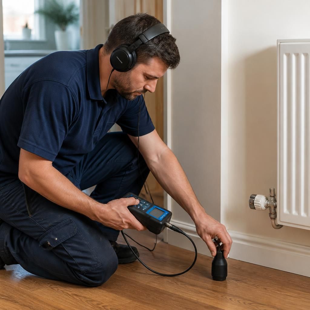 Plumber using electronic equipment to trace a concealed water leak