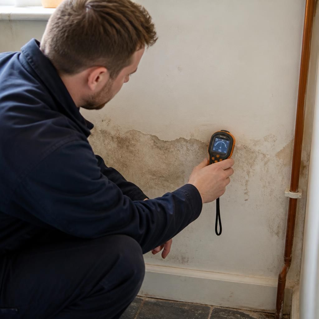 Plumber using a moisture meter to inspect a damp wall