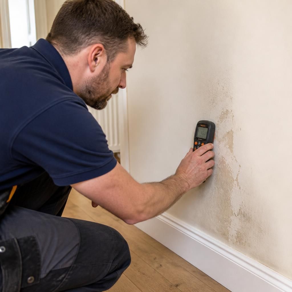 Plumber using a moisture meter to inspect a wall for signs of a water leak
