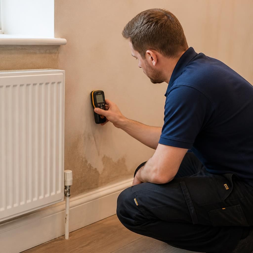Plumber using a moisture meter to inspect a wall beside a radiator