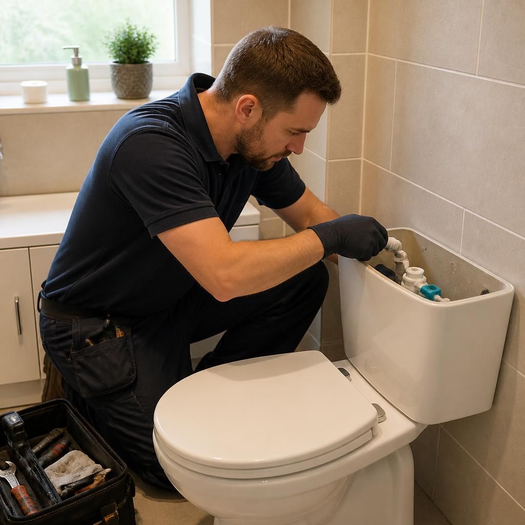 Plumber inspecting a toilet cistern in a rented bathroom