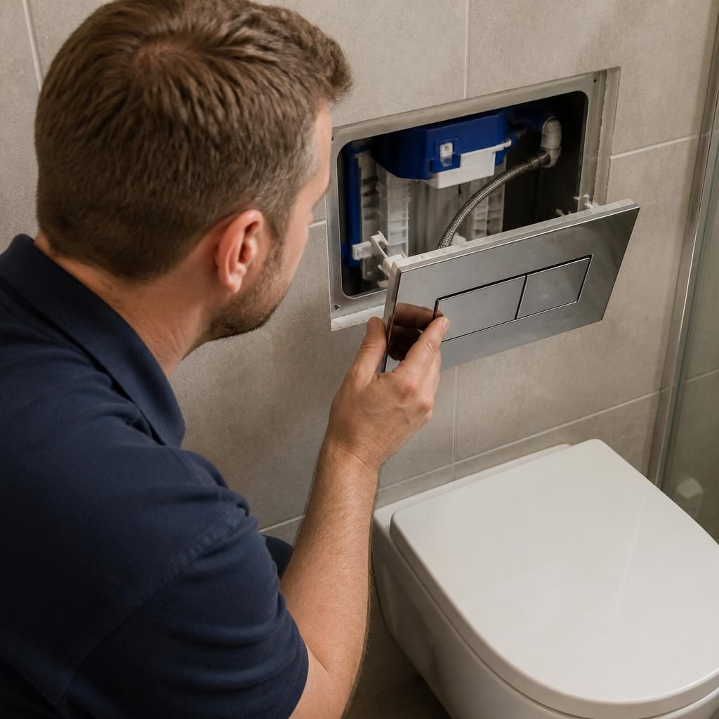 Plumber inspecting a concealed cistern through a wall-mounted toilet’s removed flush plate