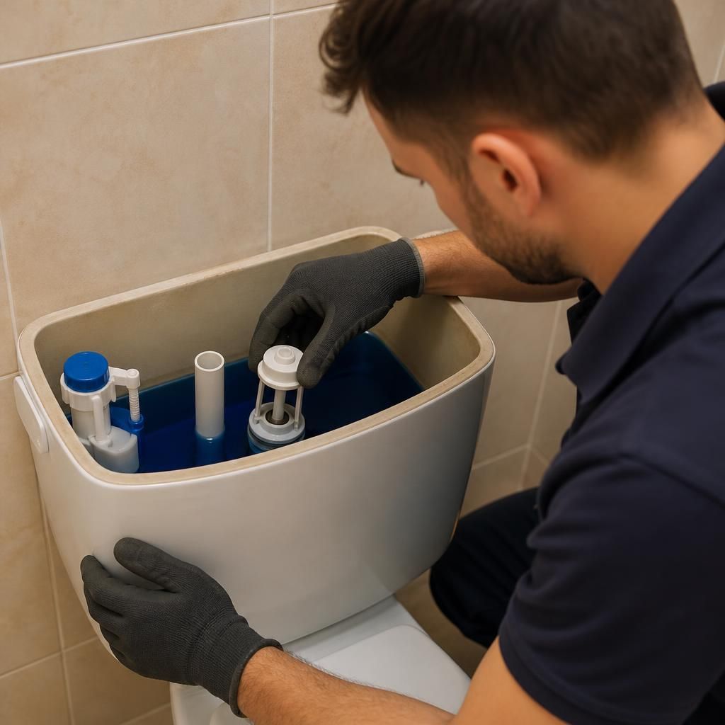 Plumber inspecting the flush valve inside an open toilet cistern