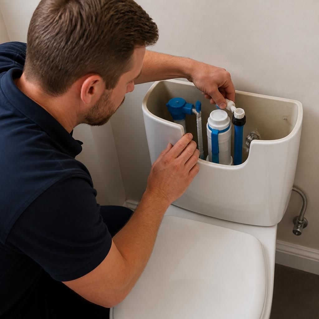 Plumber inspecting a toilet cistern and its internal flush mechanism