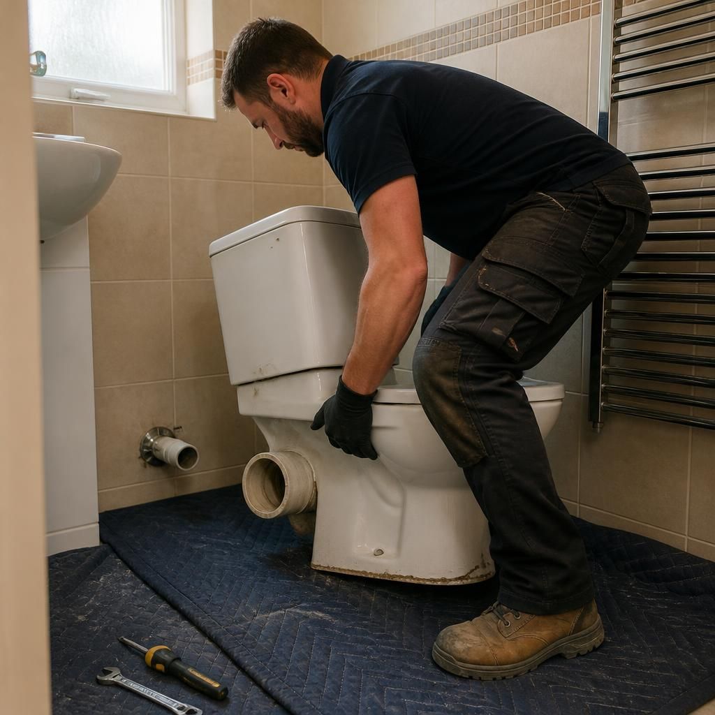 Plumber removing a toilet beside tiled walls with protective floor covering