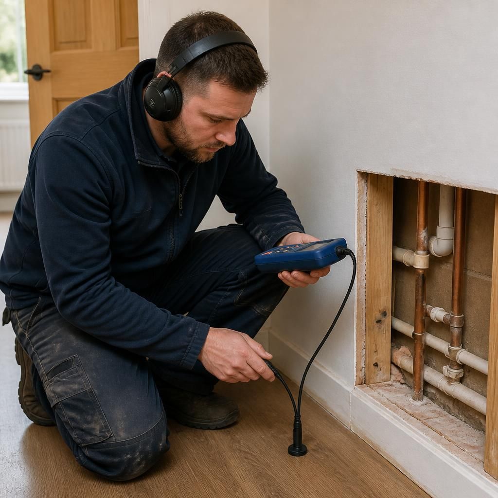 Plumber using an acoustic leak detector beside concealed water pipework