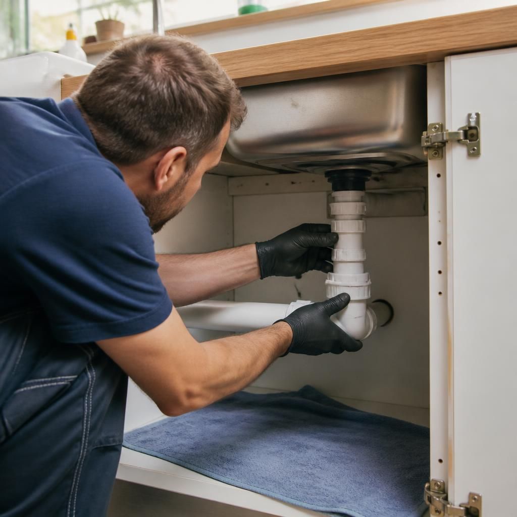 Plumber testing a repaired pipe joint beneath a kitchen sink