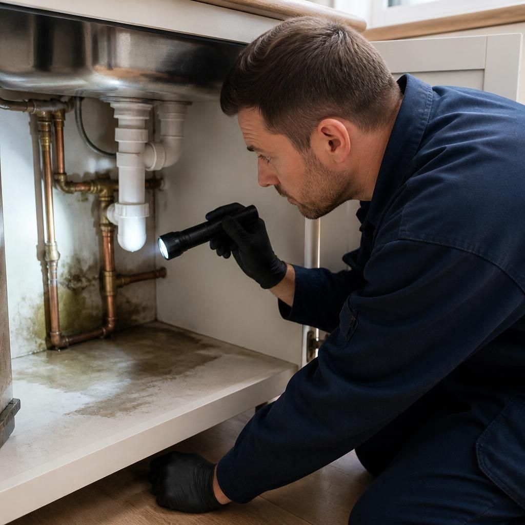 Plumber examining exposed pipework beneath a kitchen sink with a torch