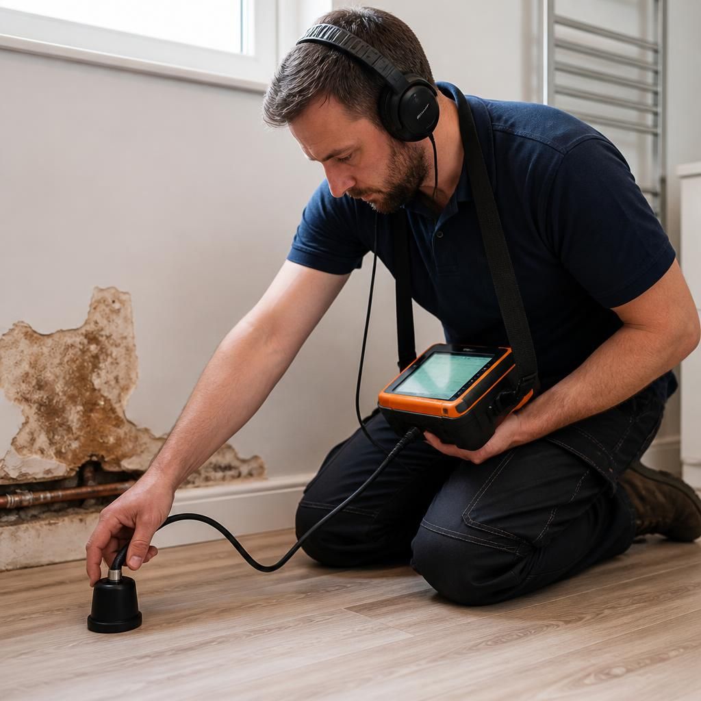 Plumber using electronic equipment to investigate a suspected concealed water leak