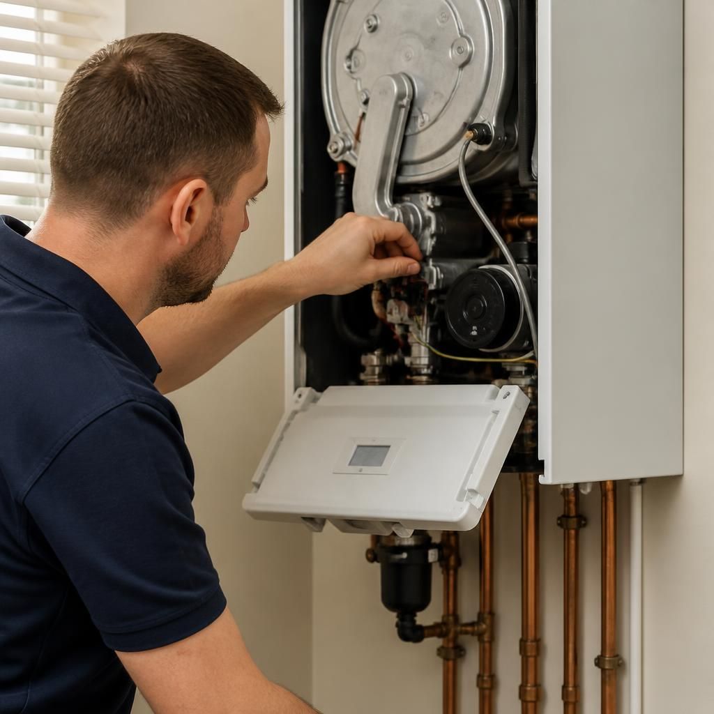 Engineer inspecting a domestic boiler and checking its internal components