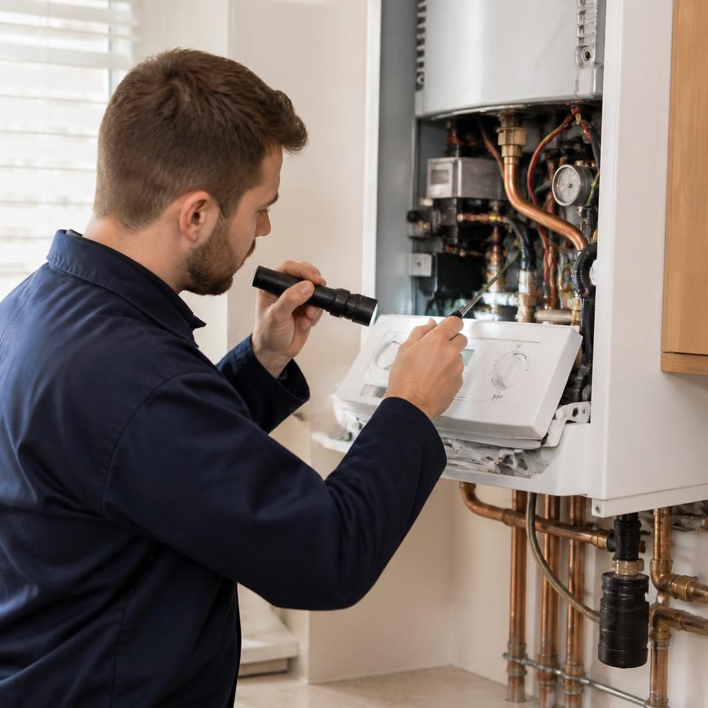 Heating engineer inspecting a domestic boiler during a routine service