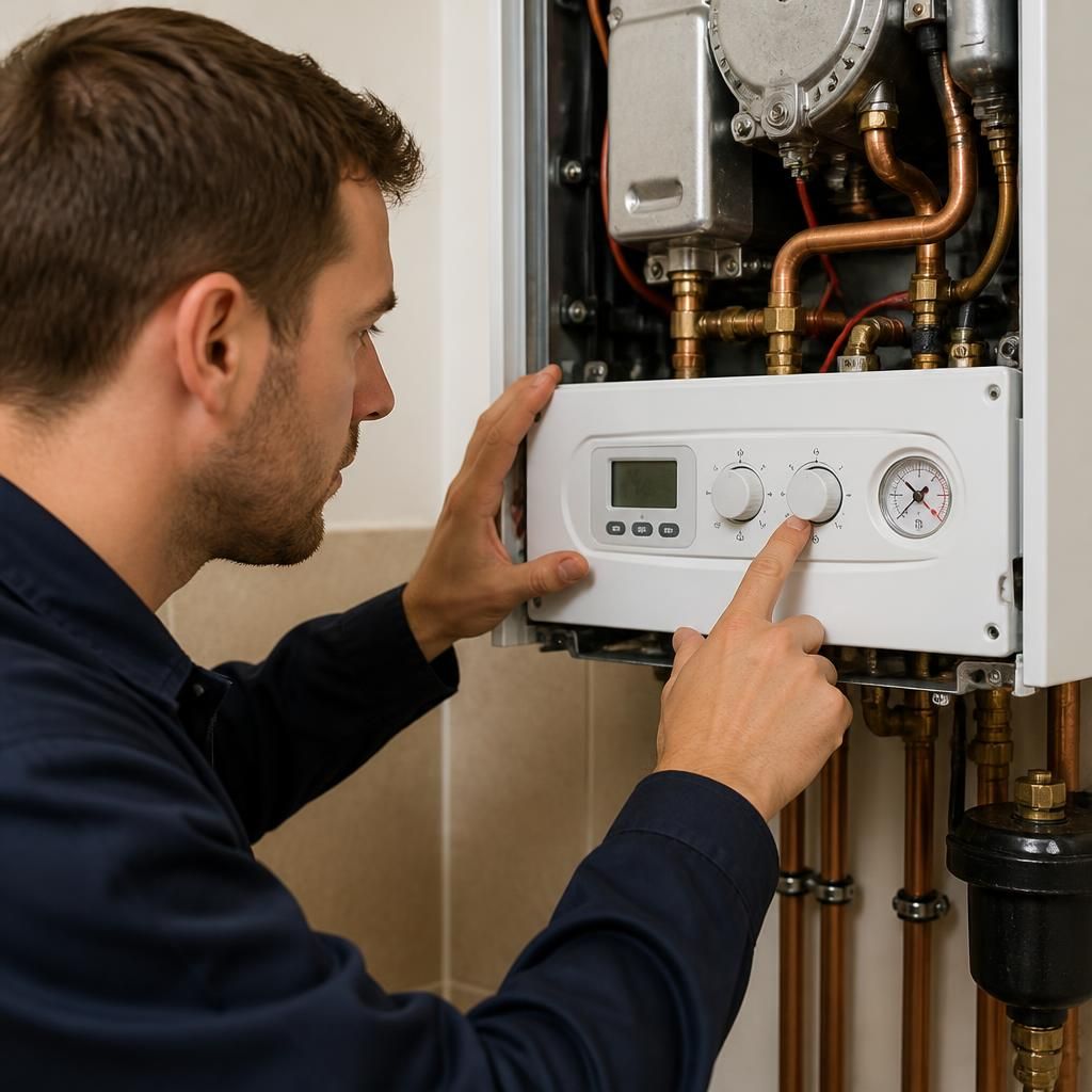 Engineer inspecting boiler controls, pipework and pressure gauge