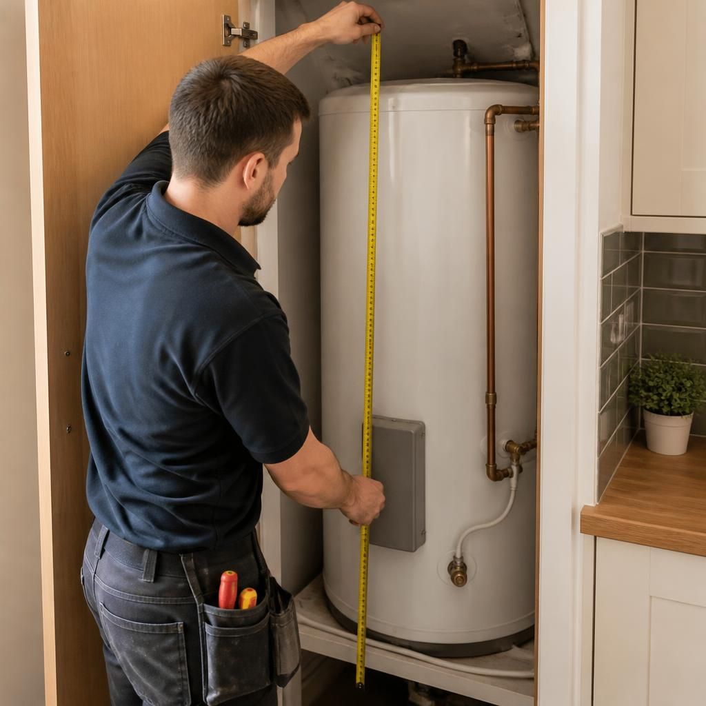 Plumber measuring a hot water cylinder cupboard in a flat