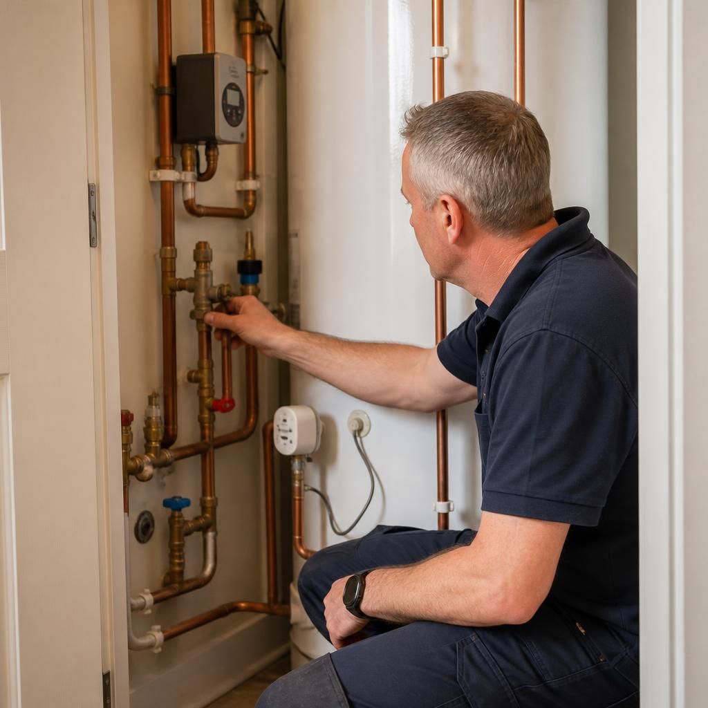 Plumber checking pipework and controls beside a hot water cylinder