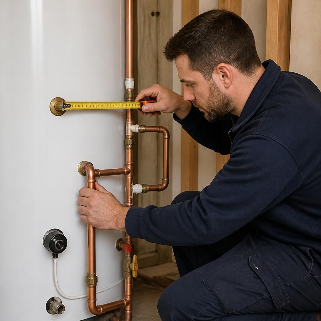 Plumber measuring pipe connections on a hot water cylinder during installation