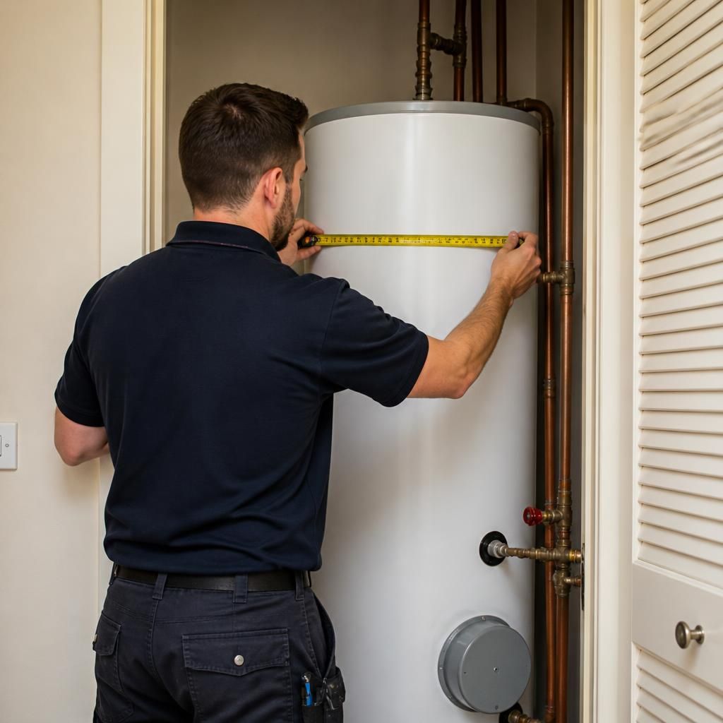 Plumber measuring a hot water cylinder inside an airing cupboard
