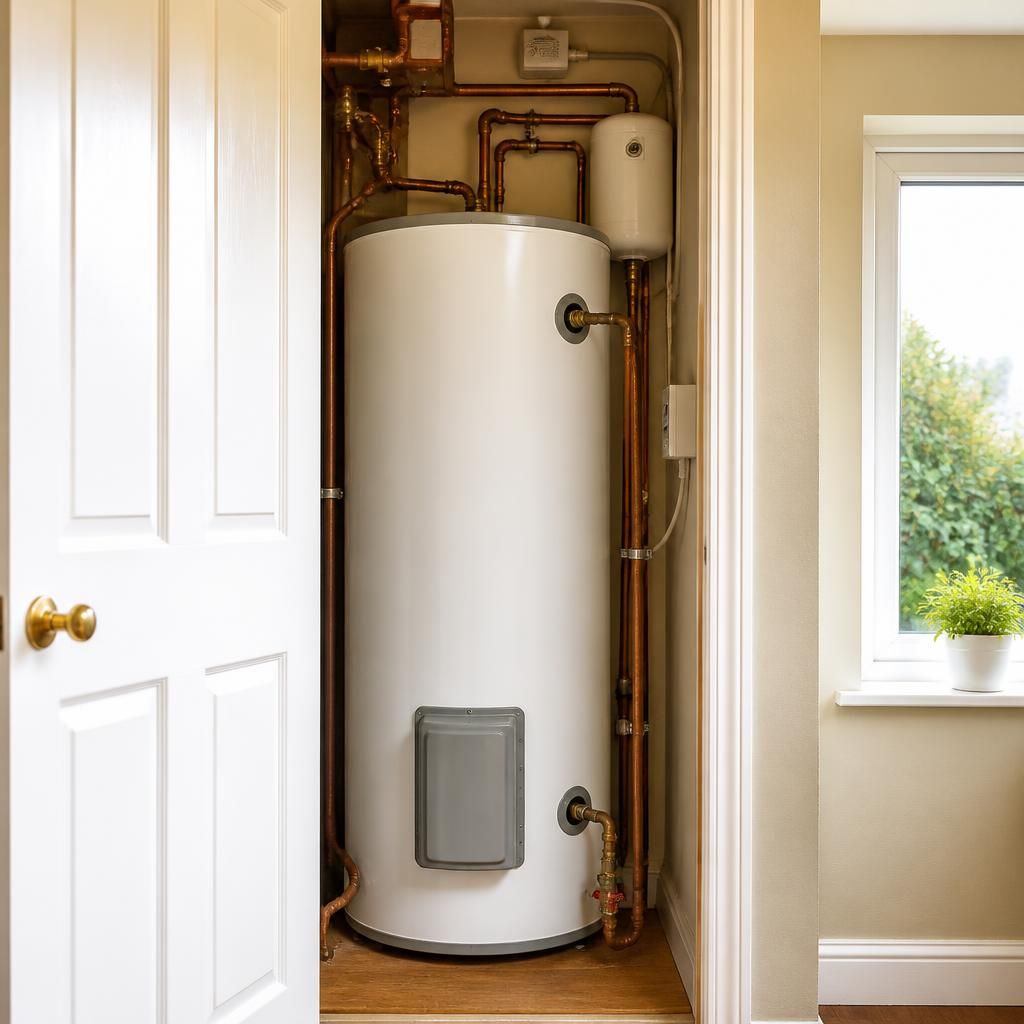 Hot water cylinder installed in an airing cupboard