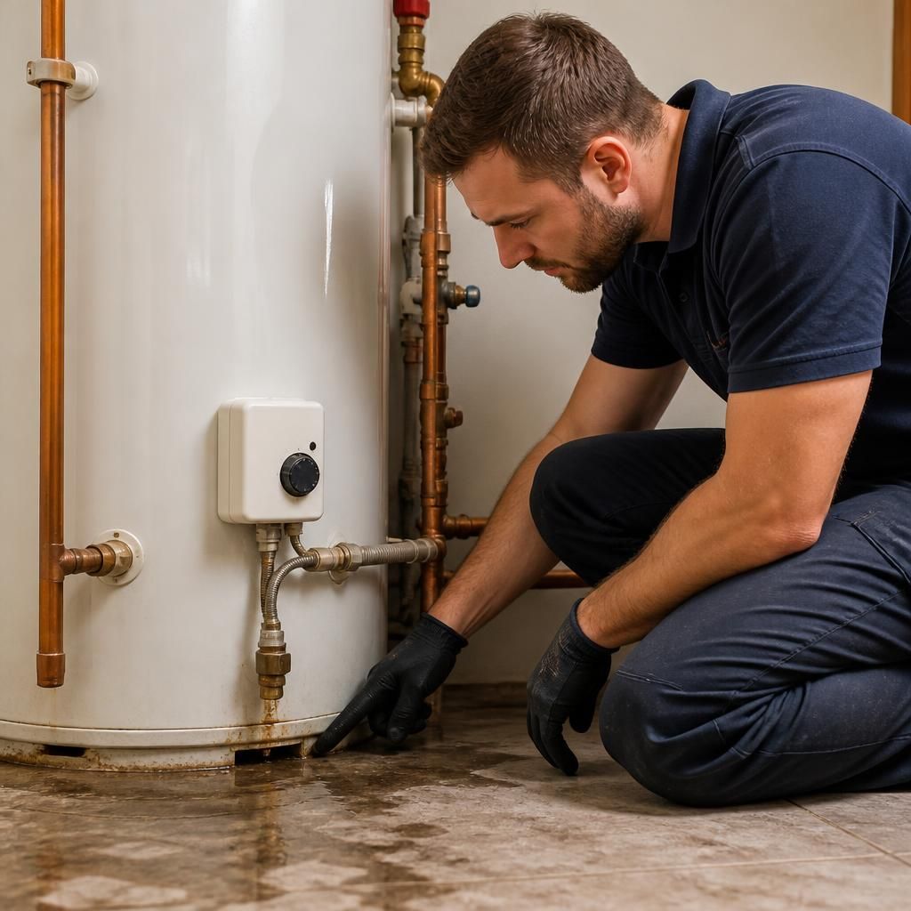 Plumber inspecting the connections and base of a leaking hot-water cylinder