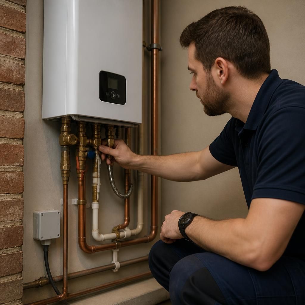 Plumber checking pipework and electrical connections beside a wall-mounted tankless water heater