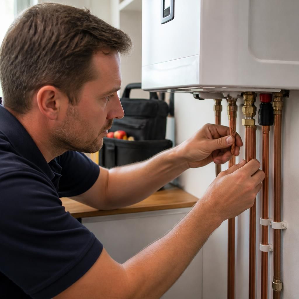 Plumber connecting pipework to a wall-mounted tankless water heater