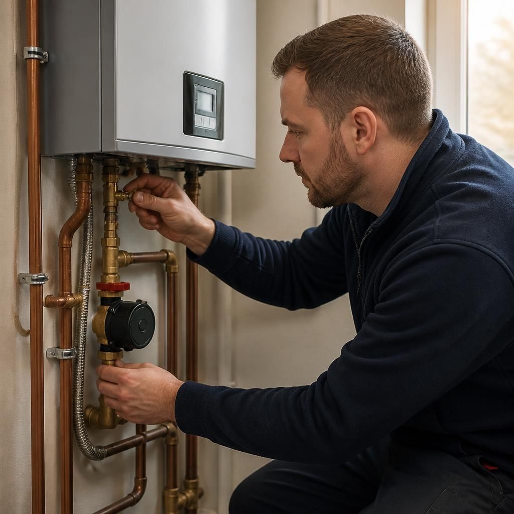 Plumber inspecting pipework and connections beside a tankless water heater