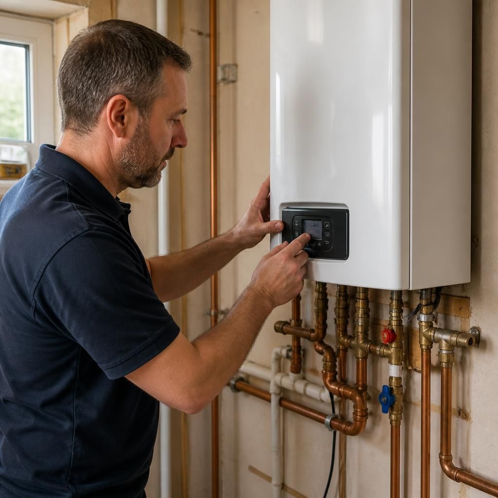 Engineer checking the controls and pipework of a tankless water heater
