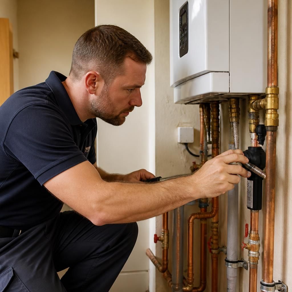 Plumber inspecting pipework and electrical connections beside a tankless water heater