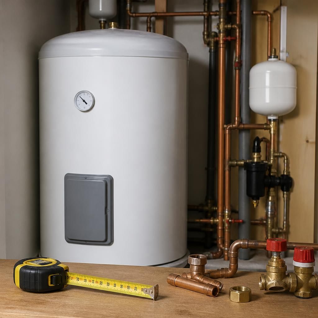 Hot-water cylinder beside a tape measure and household plumbing connections