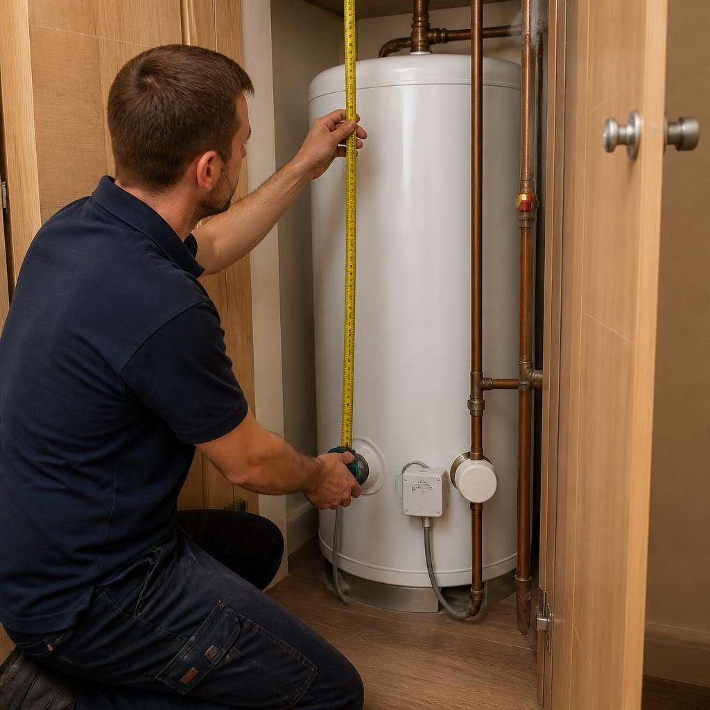 Plumber checking a water heater cupboard with a tape measure