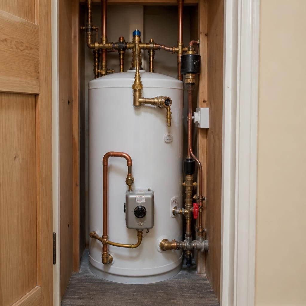 Water heater connected to pipework and control valves in a utility cupboard