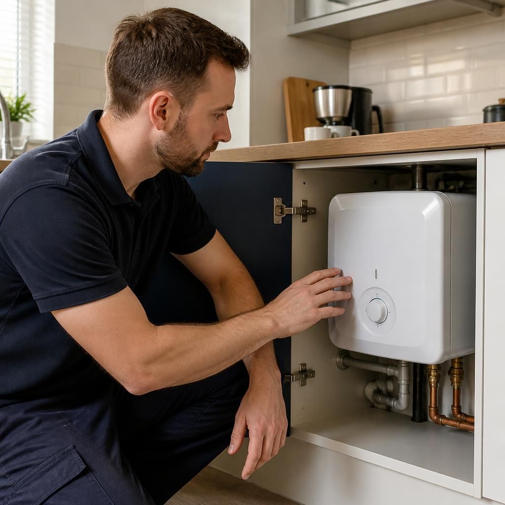 Installer checking a compact water heater inside a kitchen cupboard