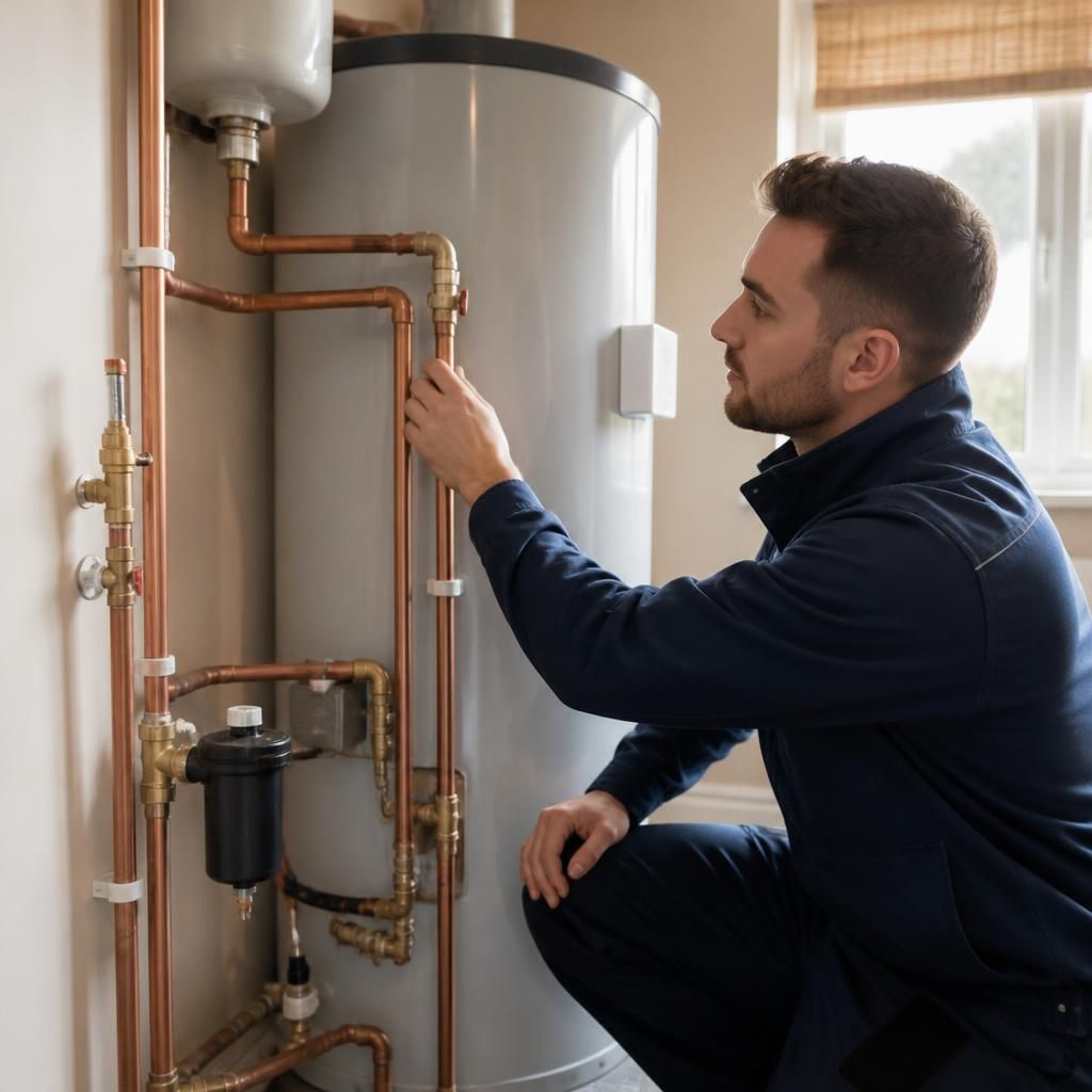 Plumber inspecting pipework beside a newly installed water heater